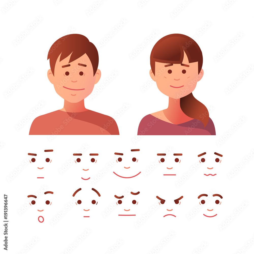 Vector illustration of face icon set in flat style. 