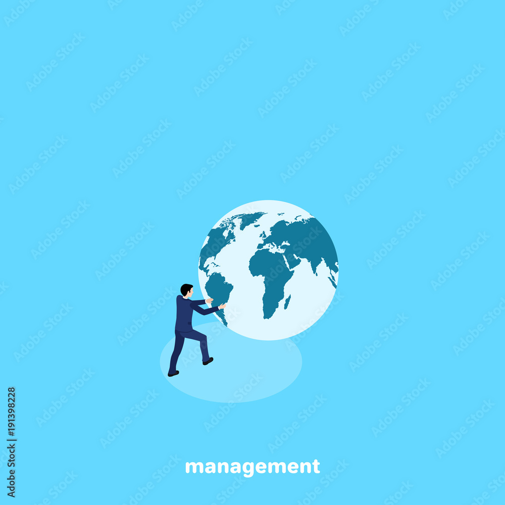 man in a business suit is kicking the globe, isometric image man in a business suit is kicking the globe, isometric image