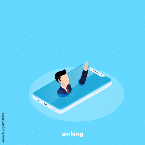 a man in a business suit is drowning in a smartphone, an isometric image