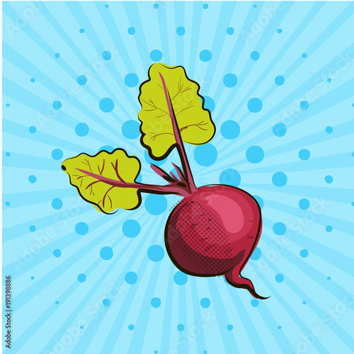 Ripe beet on blue background lines, dots. Hand drawn in style pop art. Vector illustration. Eco food vegetables, vegan