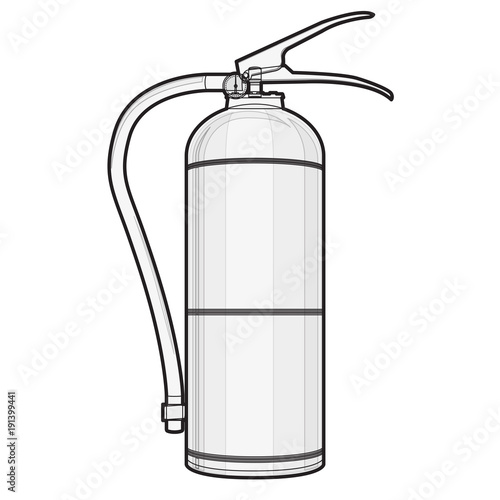 Outlined extinguisher with hose. Safety fire-fighting equipment. Firefighting equipment and fire protection. Master vector illustration, isolated on white background.