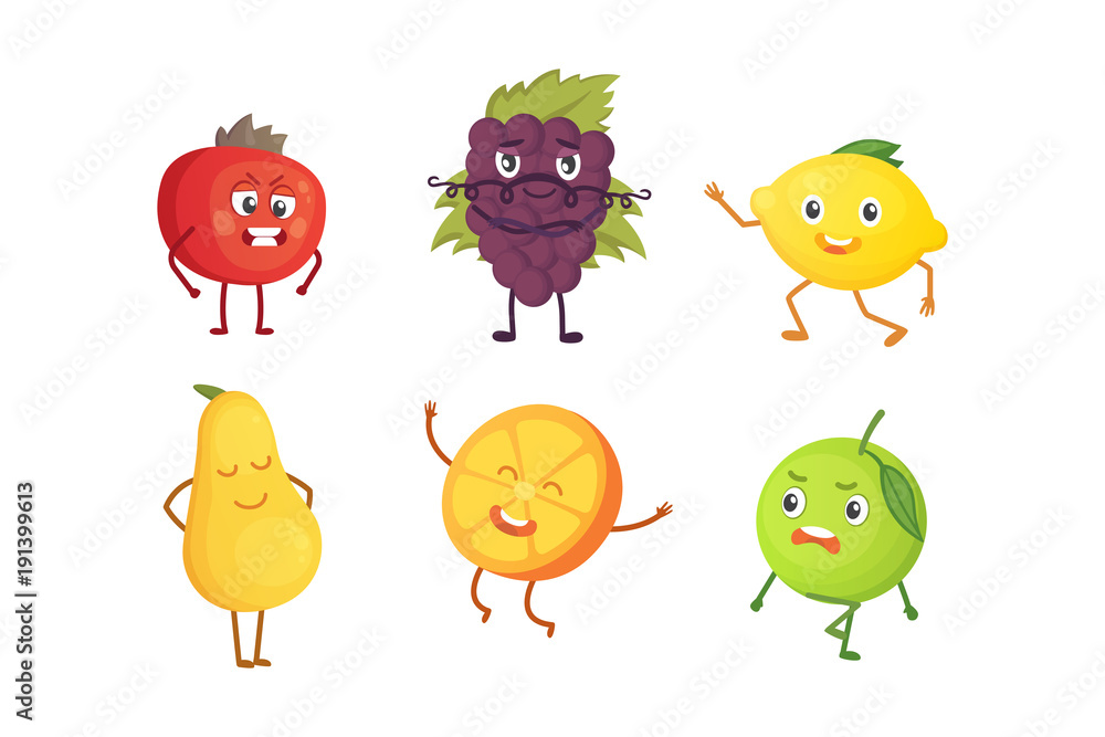 Set of cute cartoon fruit. Vector illustration with funny characters. Funny fresh food time. Set of cute cartoon fruit. Vector illustration with funny characters. Funny fresh food time.