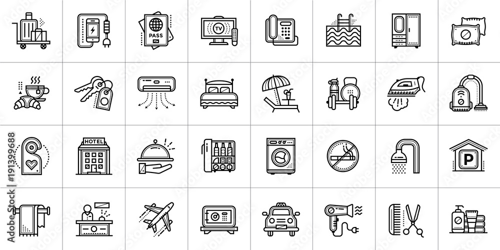 Big linear icons set of Hotel services. Outline icons for print, presentation, web Big linear icons set of Hotel services. Outline icons for print, presentation, web