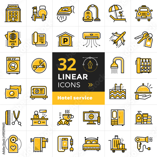 Big linear icons set of Hotel services. Outline icons for print, presentation, web