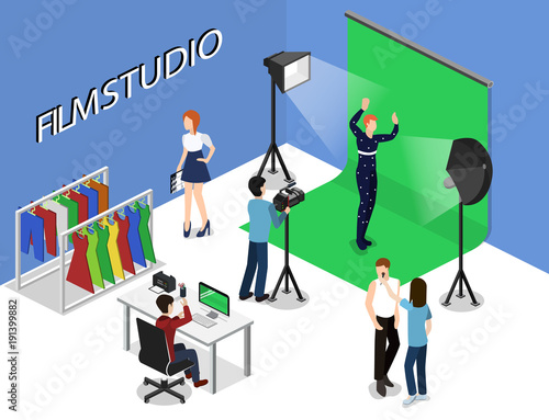 Movie set, photoshoot with staff and actors isometric 3D vector illustration