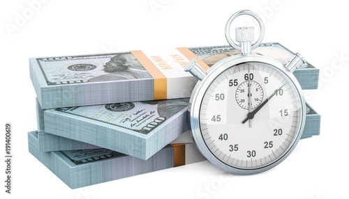 Foto Dollar packs with stopwatch, make money concept. 3D rendering