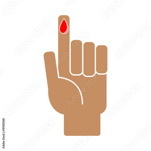 Finger with blood drop on white background