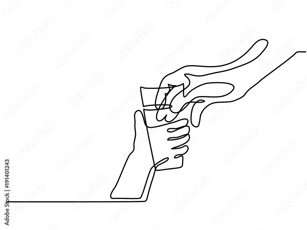 Continuous line drawing. Hand giving water in glass to child. Vector illustration Continuous line drawing. Hand giving water in glass to child. Vector illustration