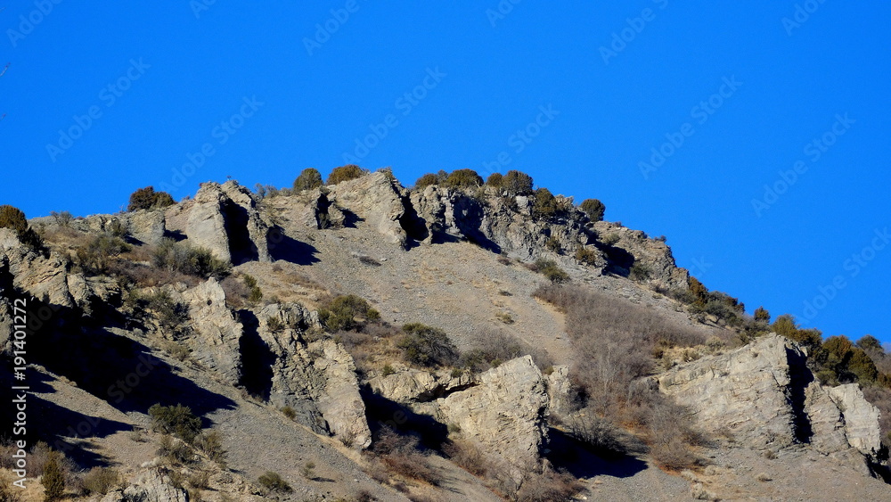 rocky slope with bushes and sky rocky slope with bushes and sky