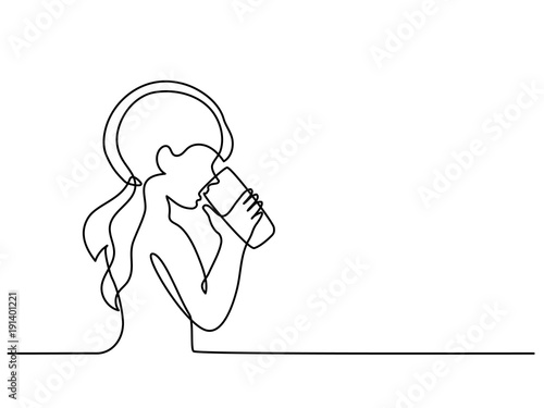 Continuous line drawing. Girl drinking water from glass. Vector illustration