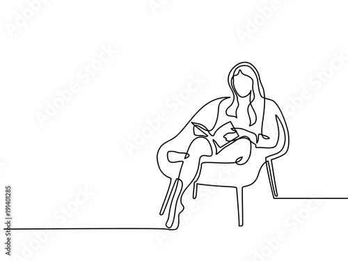 Continuous line drawing. Woman sitting with book in chair. Vector illustration