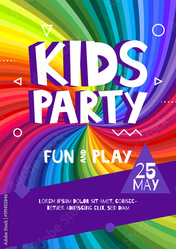Kids party letter sign poster. Cartoon letters and shapes in abstract rainbow rays colorful background. Vector flyer template illustration