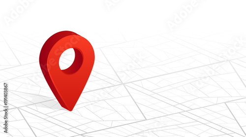 GPS navigator pin checking red color on city street map white background. Vector illustration