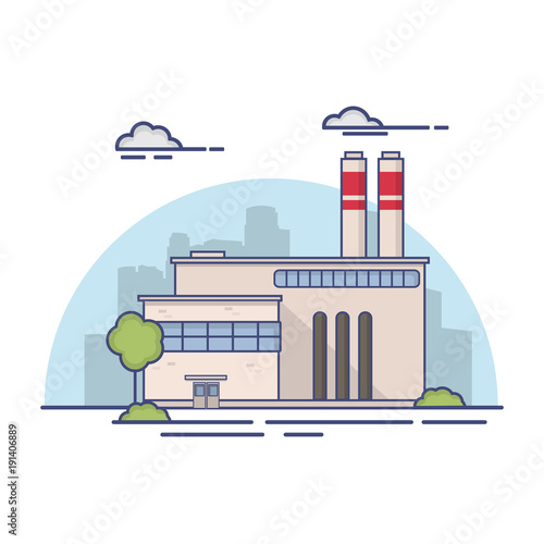 Industrial factory in flat style a vector an illustration.Plant or Factory Building.road tree window facade.Manufacturing factory building. industrial building concept.Line art.City landscape