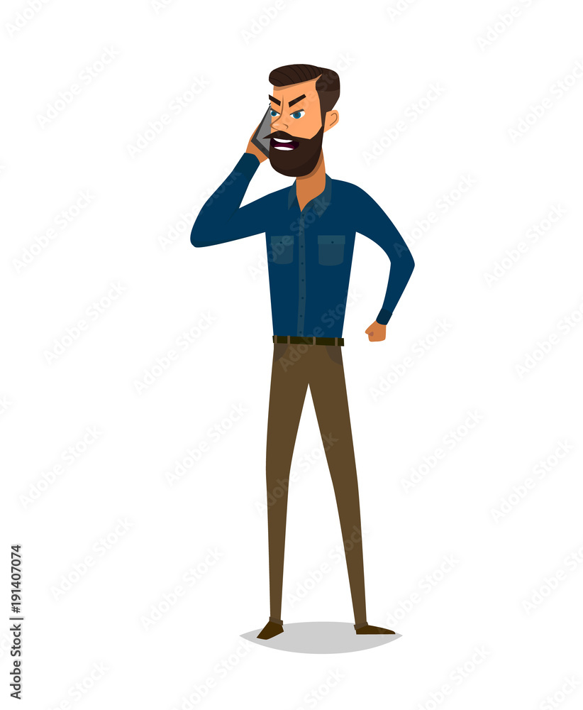 Man is talking on the phone with different emotions. Vector illustration in cartoon style