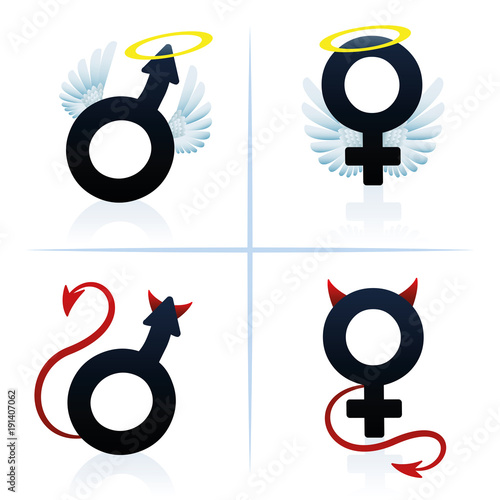 Good and evil man and woman. Male and female angel and devil symbols. Isolated vector illustration on white background.