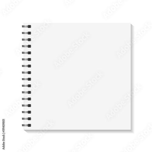 Square Notebook mockup. Empty pages book with binder metal spiral template. Isolated on white background. Vector