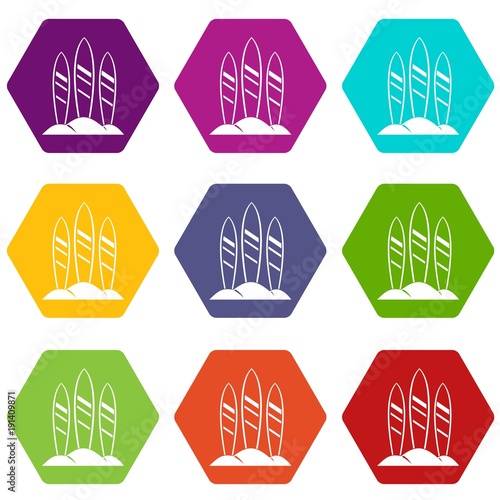 Serfing board icon set color hexahedron