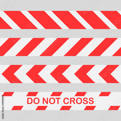 red warning tape Do not cross the line caution tape. Seamless police warning tape set.