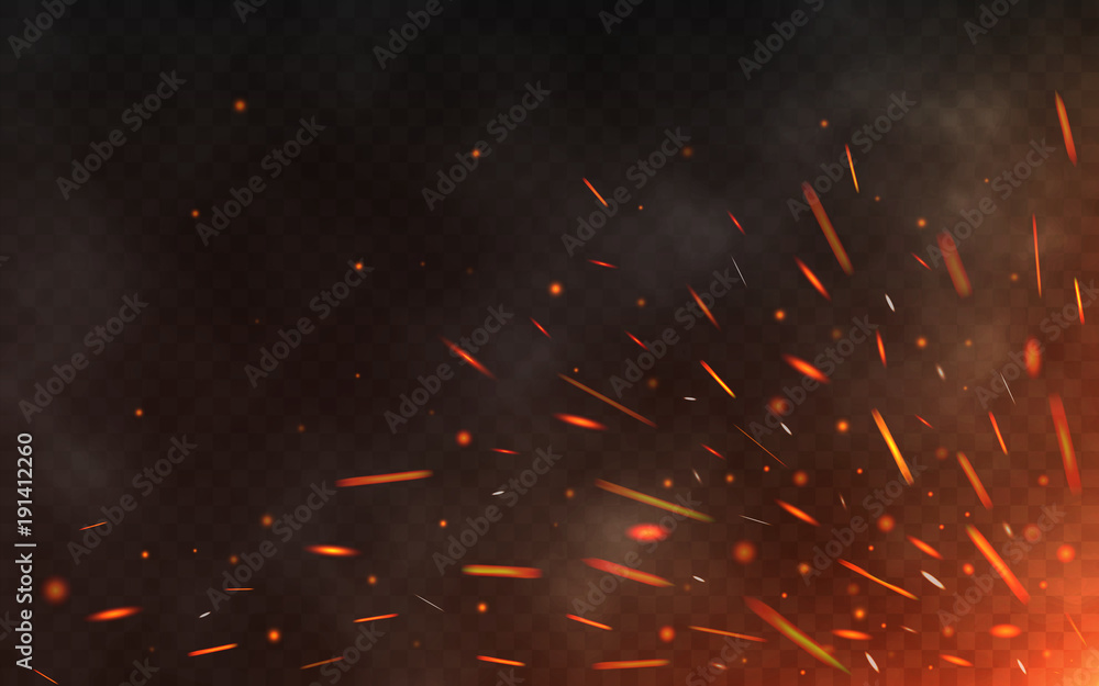 Fire sparks flying up on transparent background. Smoke and glowing