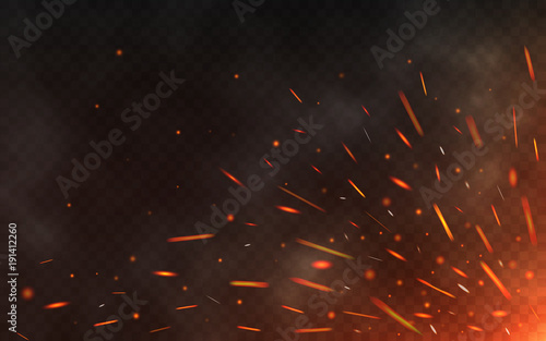 Fire sparks flying up on transparent background. Smoke and glowing particles on black. Realistic lighting sparks with bokeh effect for design. Vector illustration
