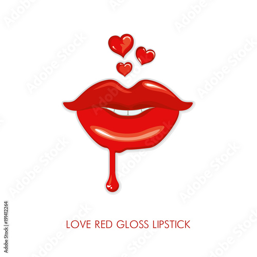 Love red gloss lipstick. Thematic illustration of sensual lips with passionate red lipstick smiles. Lips and aerial hearts vector fashion cosmetics design.
