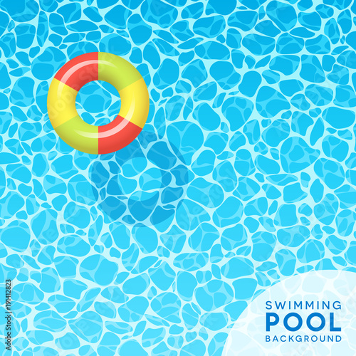 Clear blue swimming pool water background with floating inflated swim ring. For banners, brochures, invitations about spring break, travel, and summer. Vector illustration.