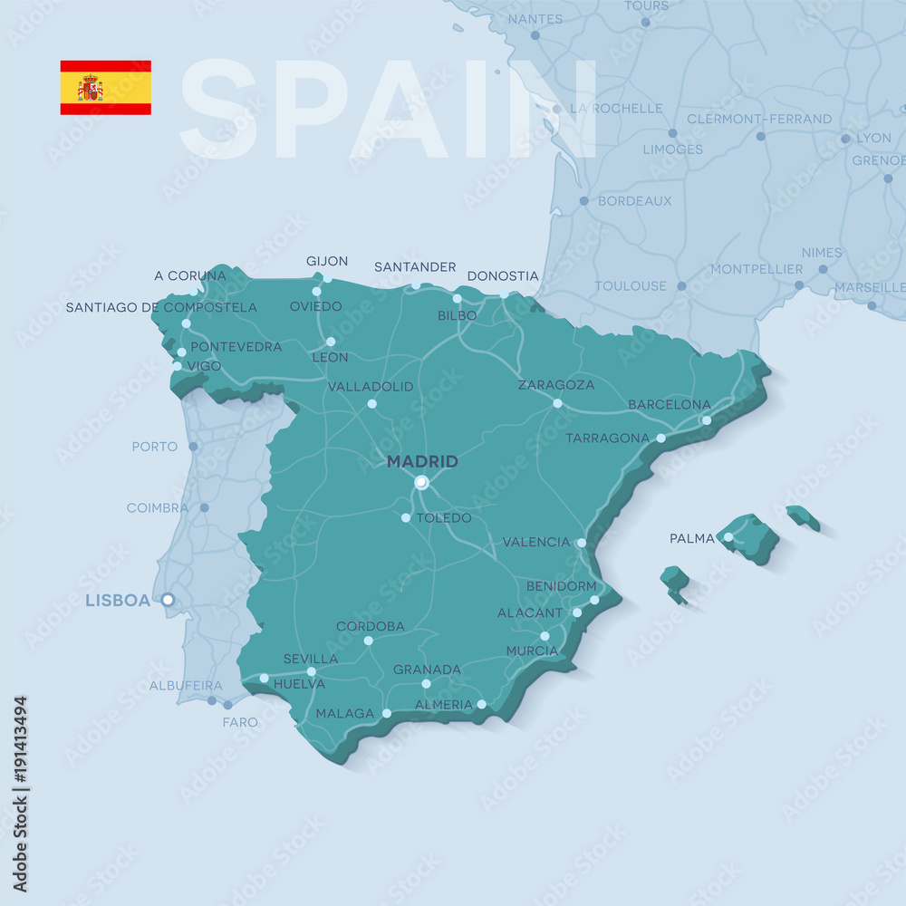Map of cities and roads in Spain.