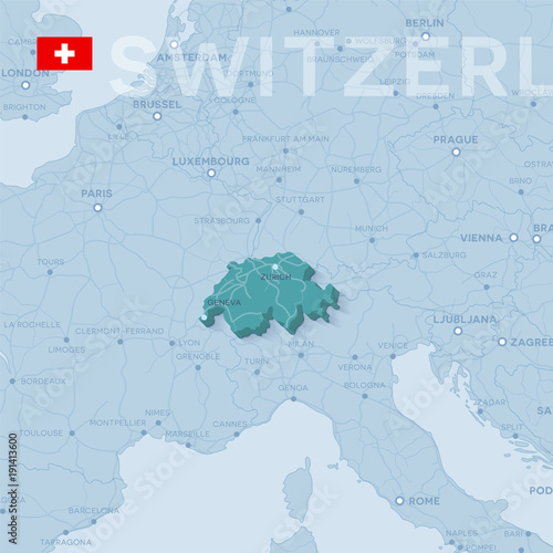 Map of cities and roads in Switzerland.