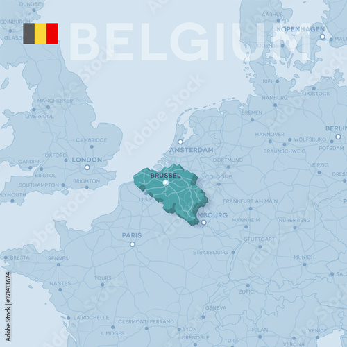 Map of cities and roads in Belgium.