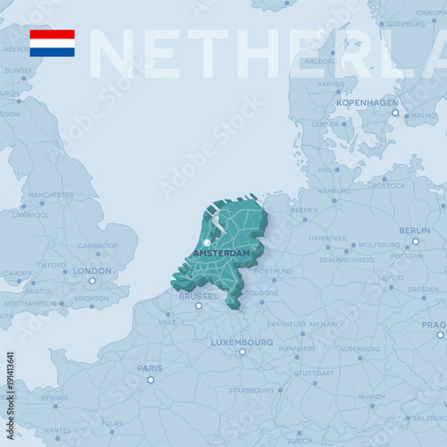 Map of cities and roads in Netherlands.