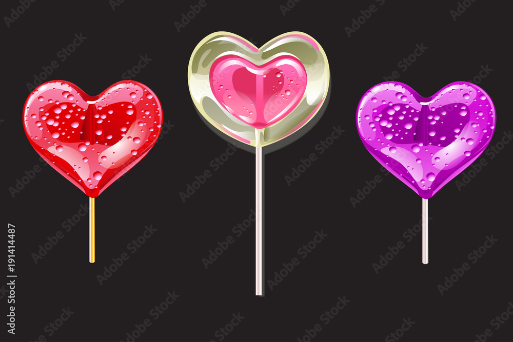 Set of romantic lollipops in the shape of a heart on a black. Sweetness for Valentines day. Vector illustration.