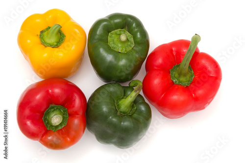 Group of bell peppers against a white background