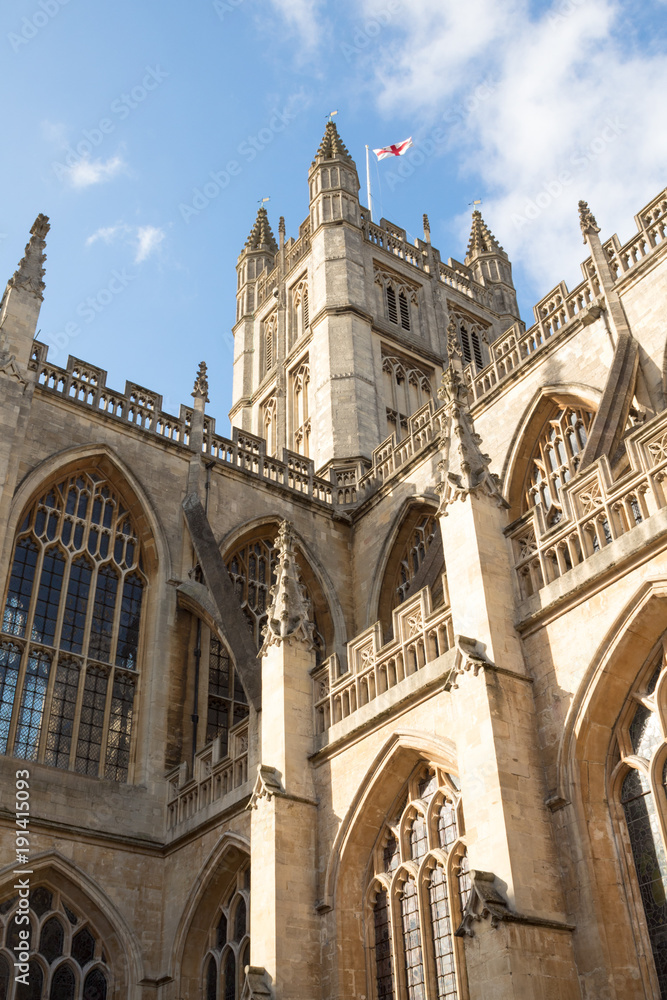 Looking Up at the Historic Bath Abbey on a Sunny Day in Bath, UK