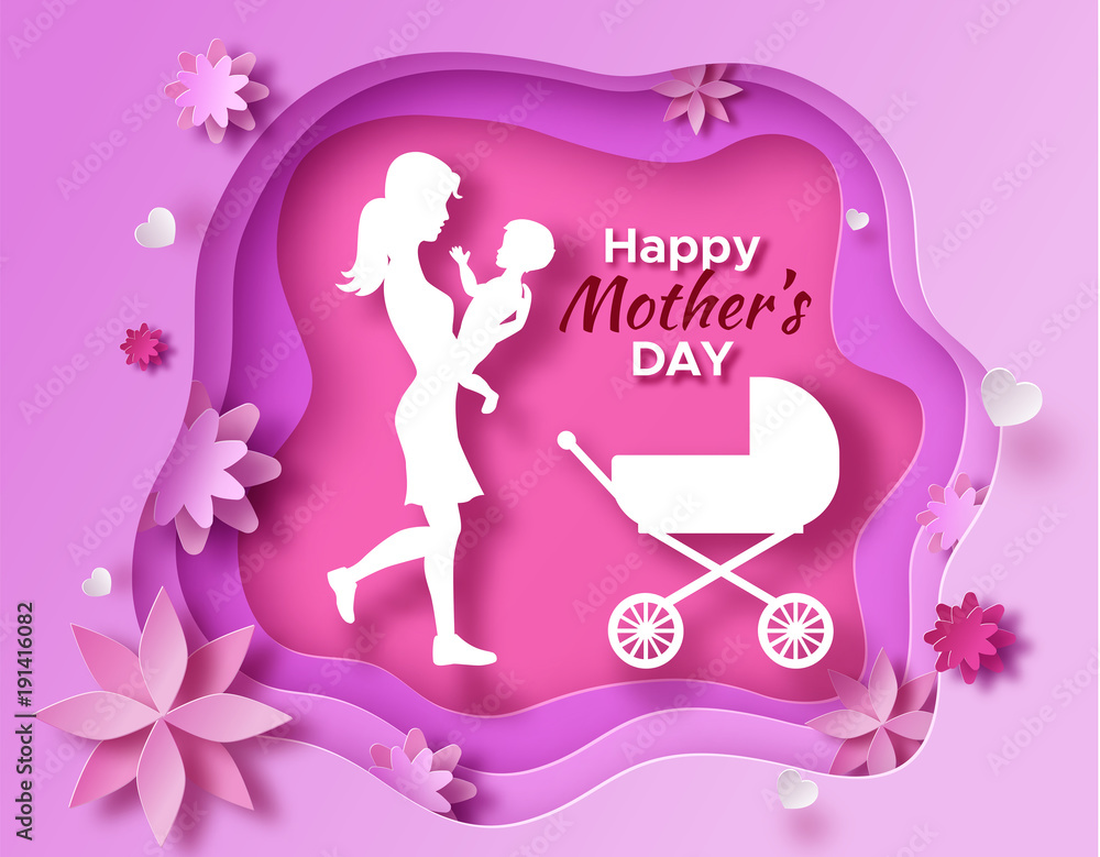 Obraz premium Mother's day origami paper art greeting card in trendy style with frame, patterns, flowers, woman holding baby son silhouette. Colorful carved vector illustration