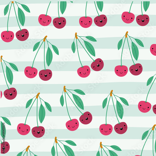 cherries kawaii fruits pattern set on decorative lines color background vector illustration