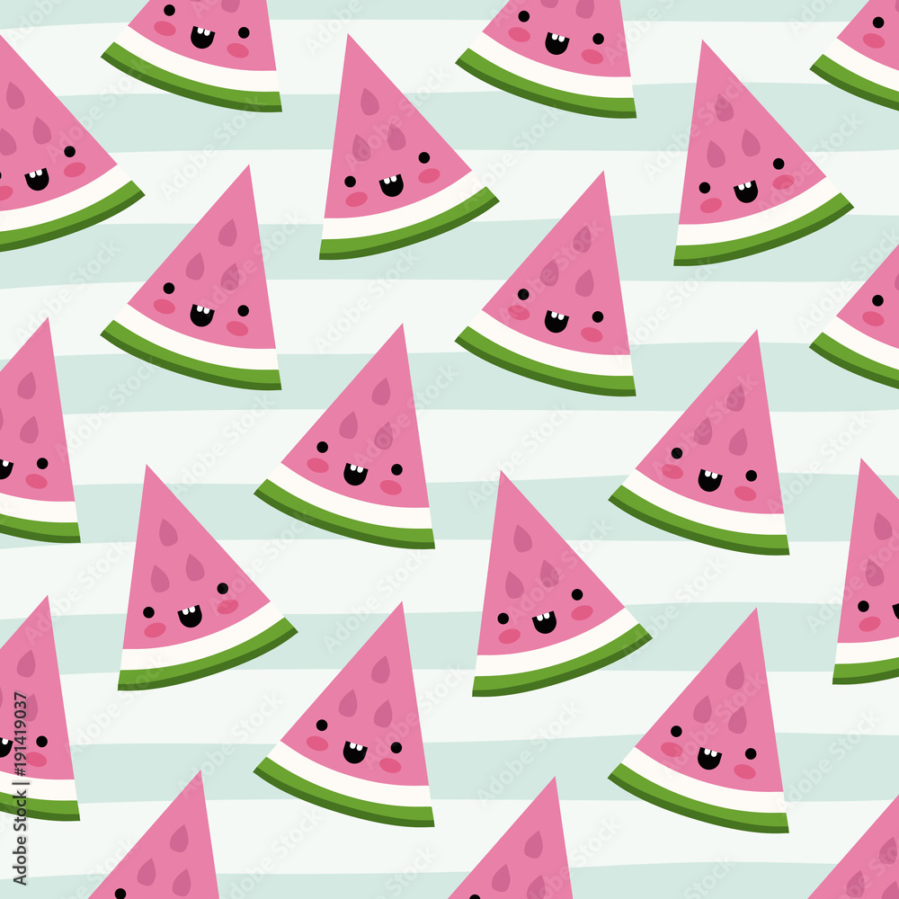 watermelon triangle slice kawaii fruits pattern set on decorative lines color background vector illustration watermelon triangle slice kawaii fruits pattern set on decorative lines color background vector illustration