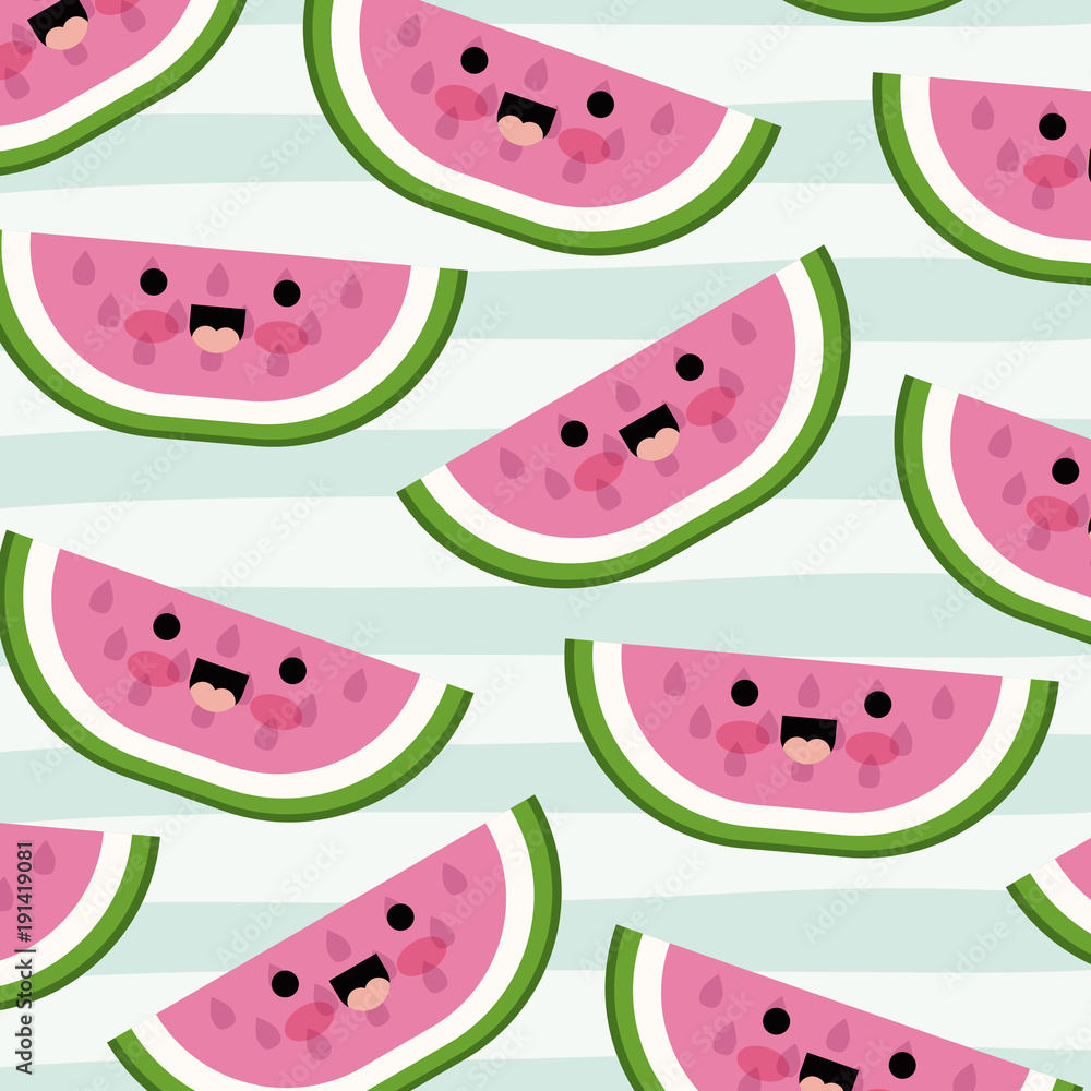 watermelon slice kawaii fruits pattern set on decorative lines color background vector illustration