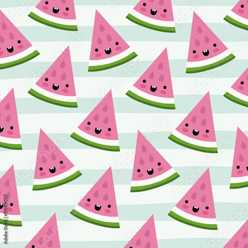 watermelon triangle slice kawaii fruits pattern set on decorative lines color background vector illustration