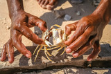 Indonesian boy showing crabs