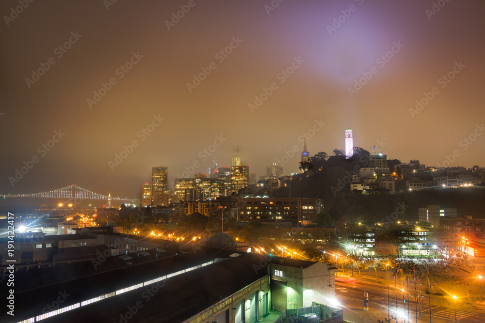 San Francisco Port and Telegraph hill at night.
