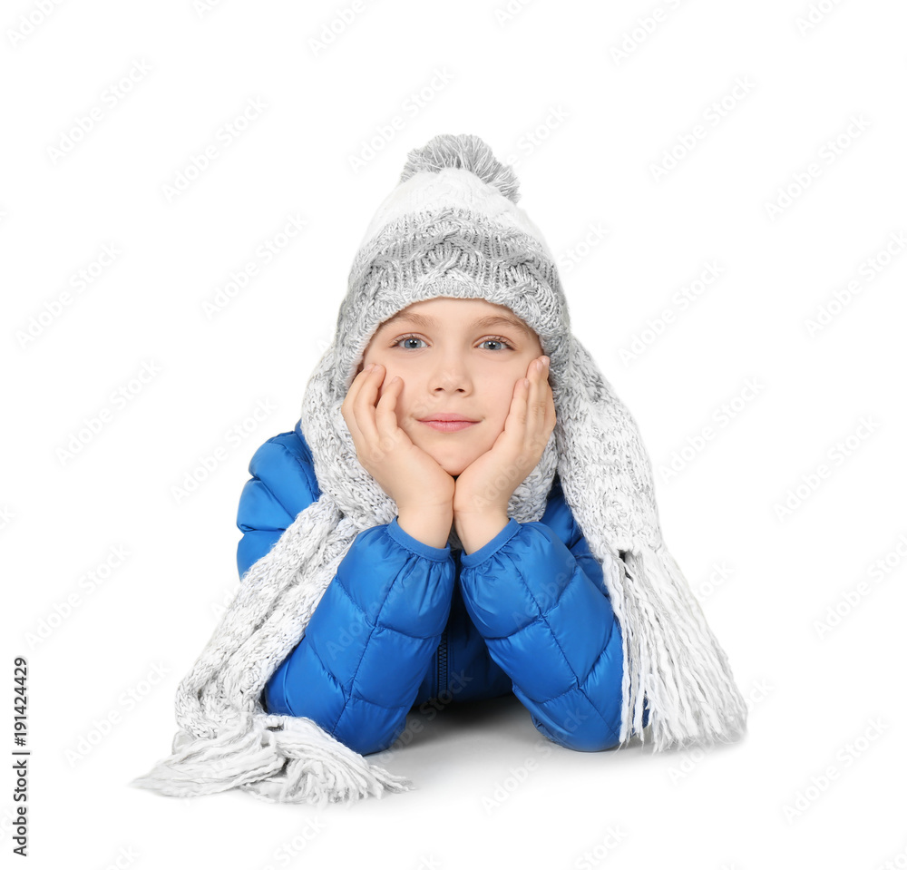 Cute little boy in warm clothing on white background. Ready for winter vacation Cute little boy in warm clothing on white background. Ready for winter vacation