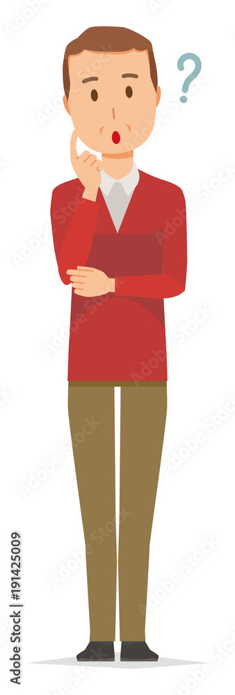 A middle-aged man wearing a sweater is thinking