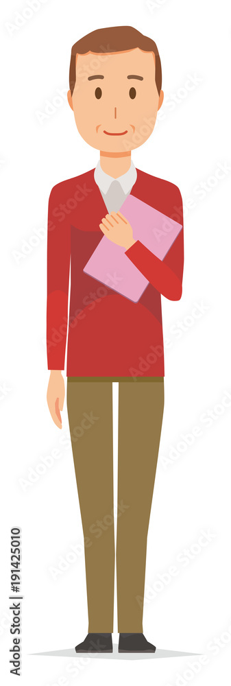 A middle-aged man wearing a sweater has a file