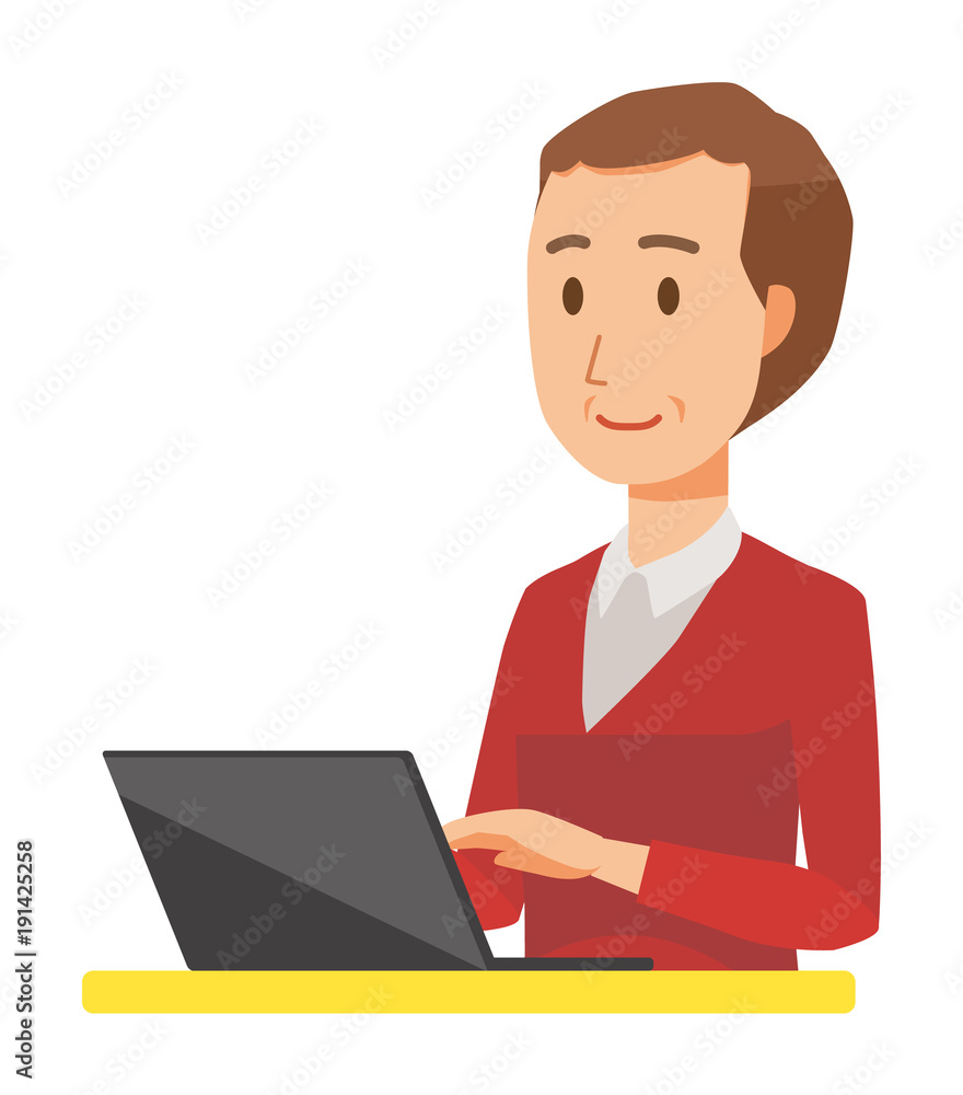 A middle-aged man wearing a sweater is operating a laptop computer A middle-aged man wearing a sweater is operating a laptop computer