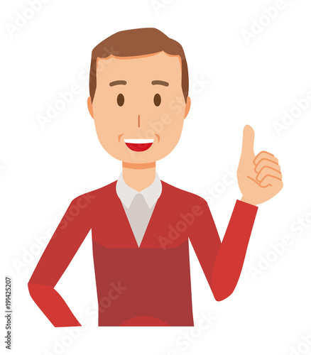 A middle-aged man wearing a sweater is showing thumbs up