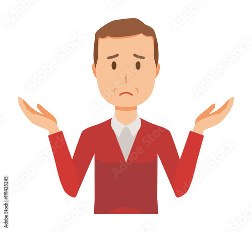 A middle-aged man wearing a sweater is shrugging his shoulders
