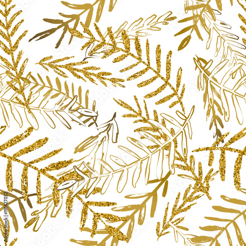 Vector seamless tropical pattern with gold leaves. Golden and white palm leaf...