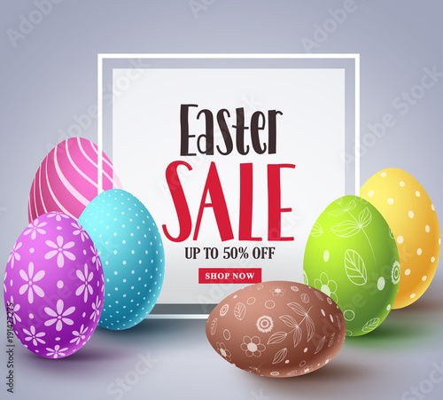Easter sale vector banner design with colorful eggs elements and sale text in white boarder frame for easter celebration discount promotion. Vector illustration.
