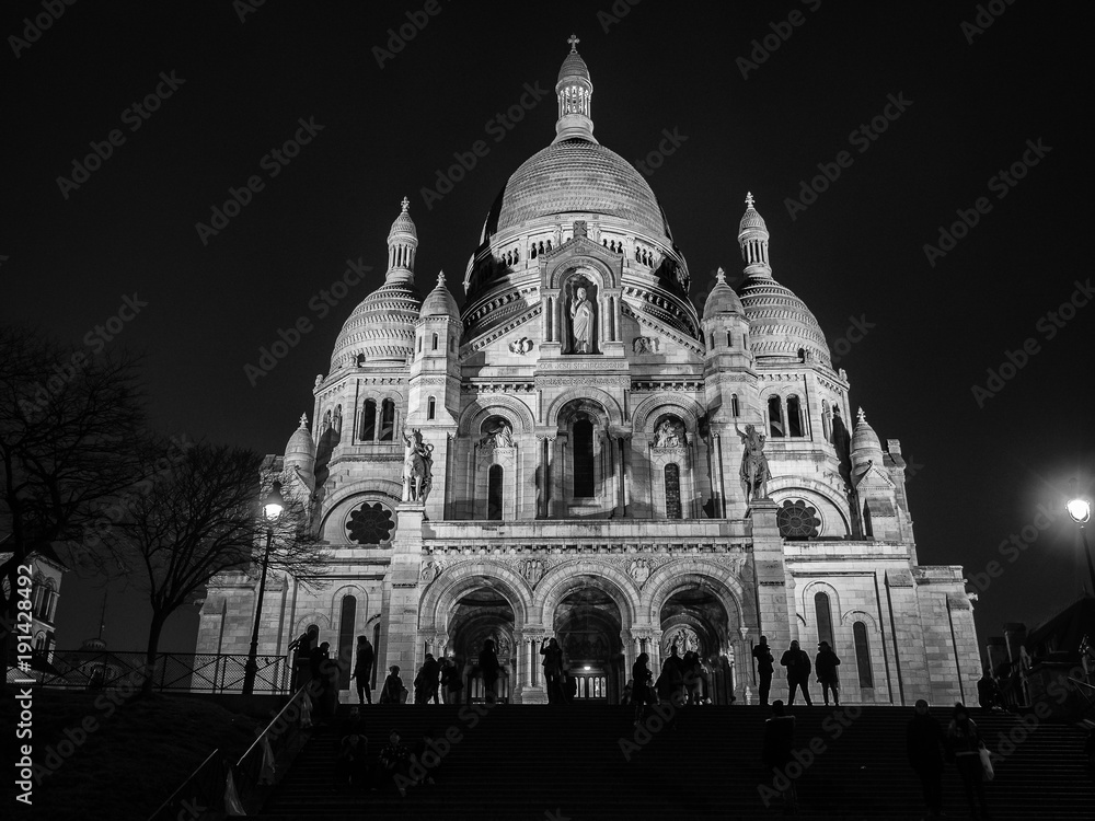 Night View of the Sacred Heart church in Montmartre, Paris.